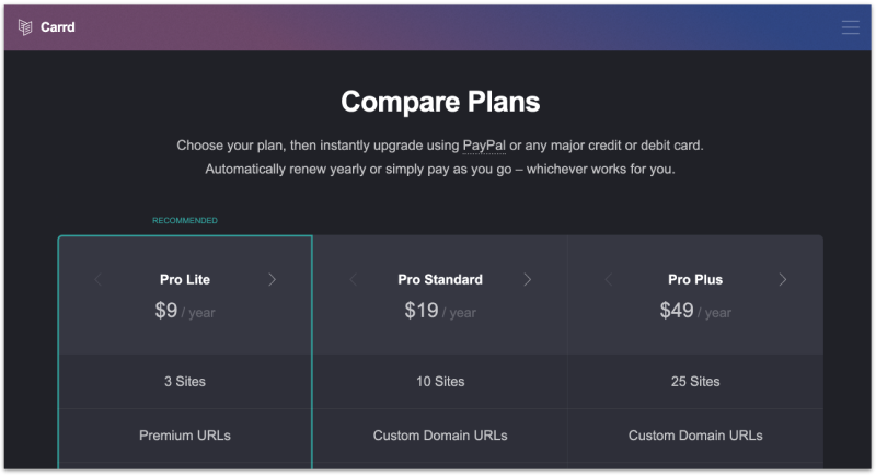 Comparing Carrd Pro Plans