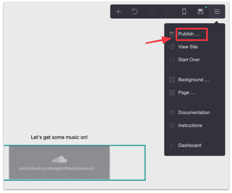 Publish the site to view the Soundcloud music player