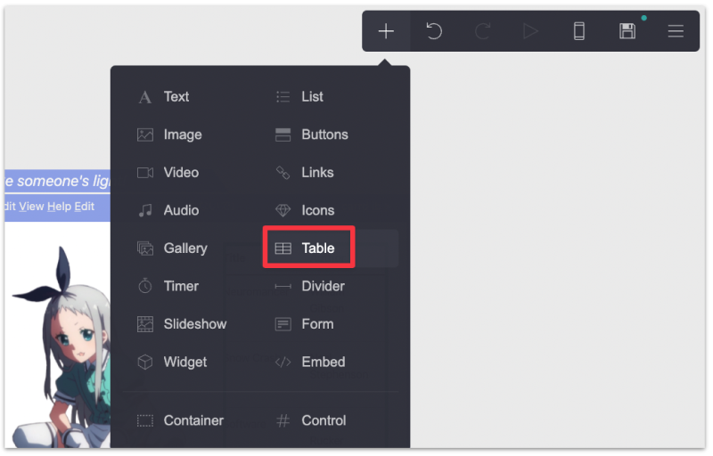 Adding a Table element