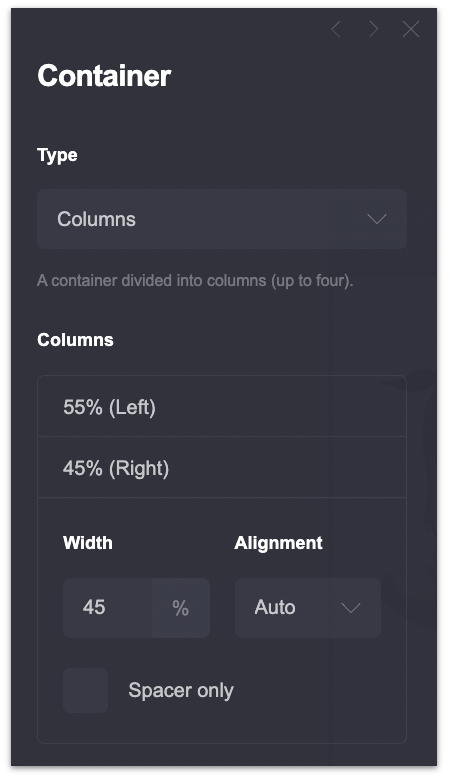 Create a container with 2 columns