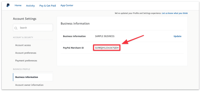 Login to your business account settings page and copy your merchant ID