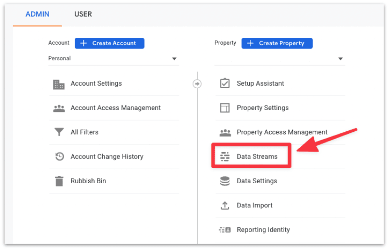 Select Data Streams from the admin dashboard