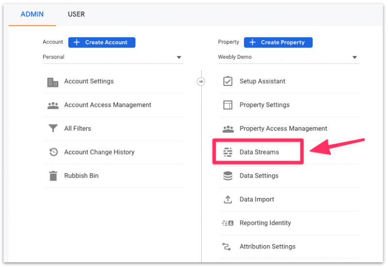 Select Data Streams from the admin dashboard