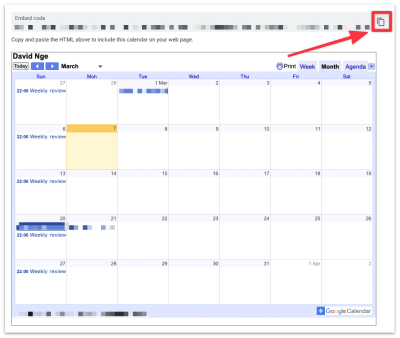 Copy the Google Calendar embed code