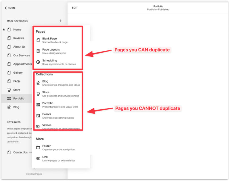 The type of pages you can duplicate in Squarespace