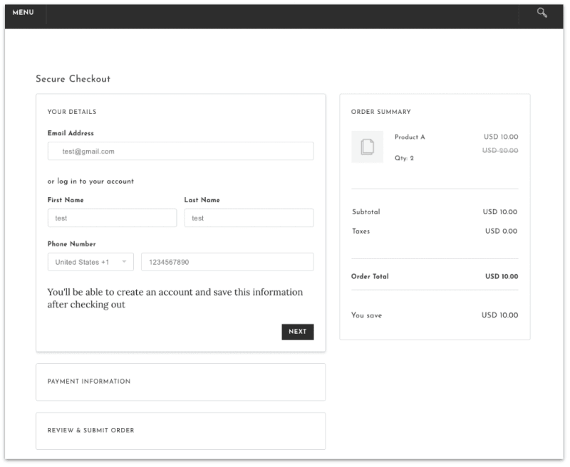 Payment details and checkout validation page