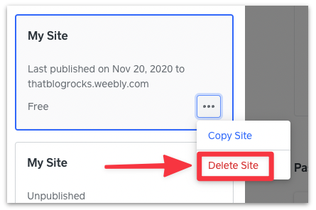 Delete site button