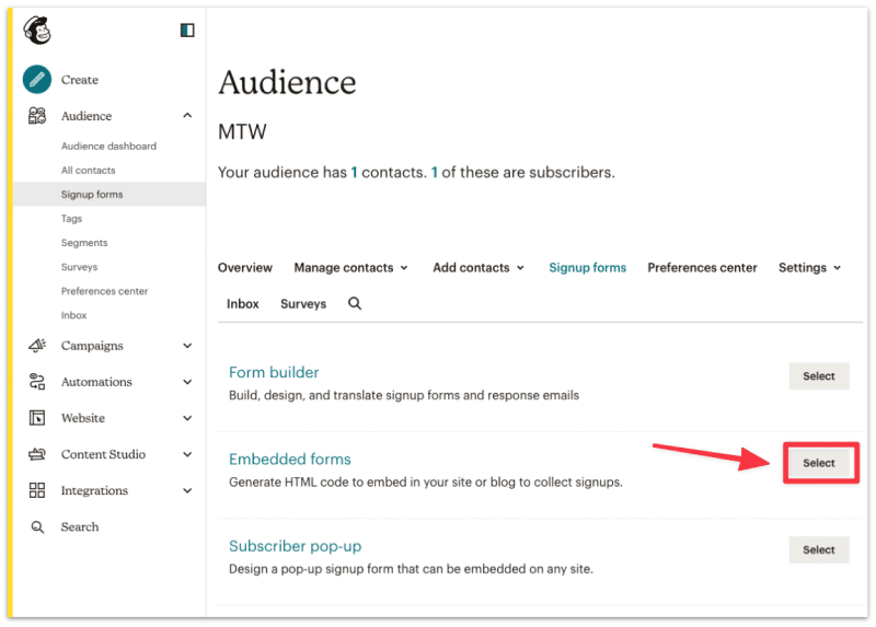 Select the Embedded forms option in MailChimp