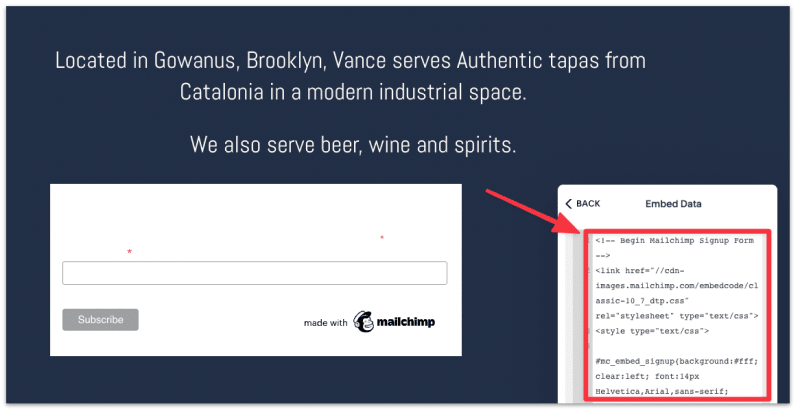 Add the embed code from MailChimp