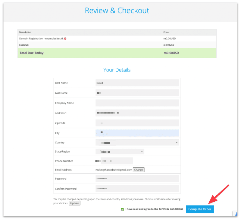 Fill in your details and complete the Freenom checkout