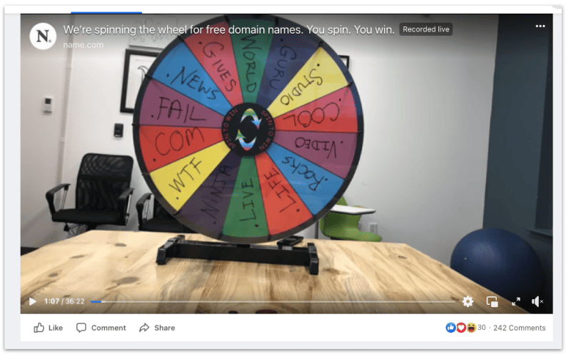 Facebook live even to get free domain from Name.com