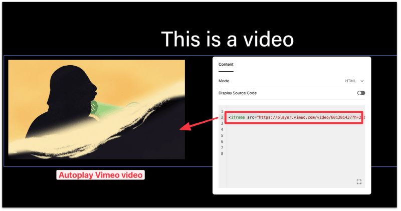 Add the autoplay vimeo embed code into the editor