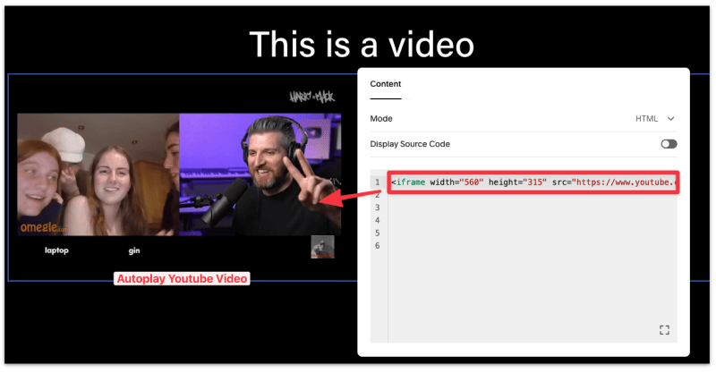 Add the Youtube embed code