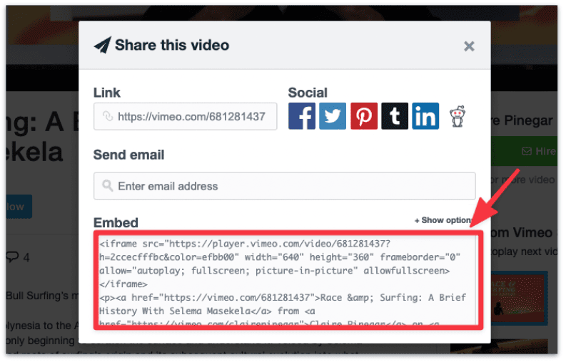 Copy the Vimeo embed code