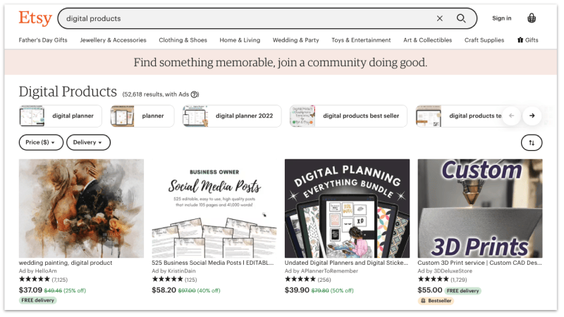 Etsy home page