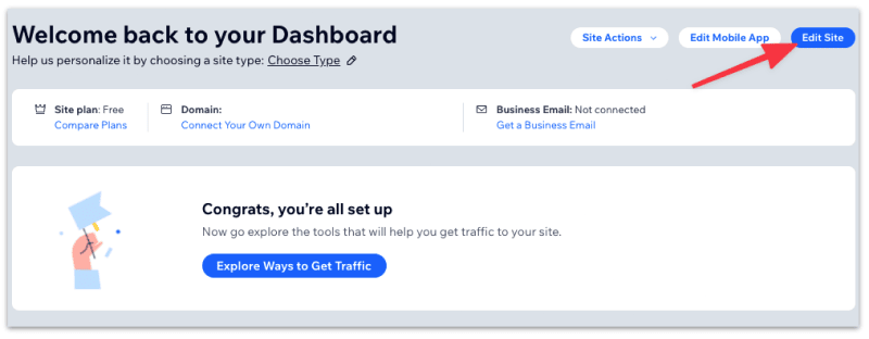 Select Edit Site to head to the Wix editor