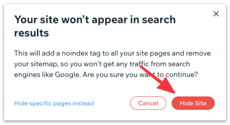Confirm to hide your site from search results