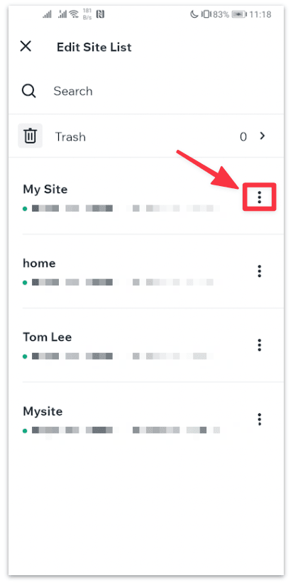 Select the menu for the site you want to delete