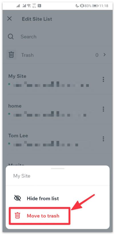 Move the site to trash