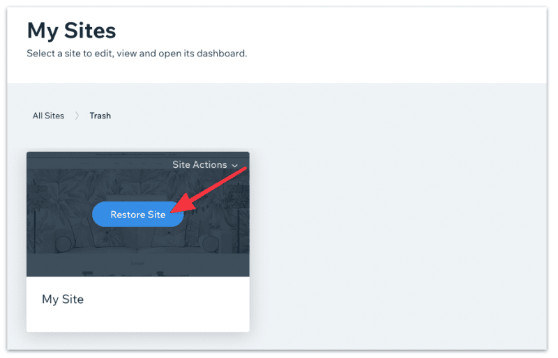 Click Restore site to recover the site from trash