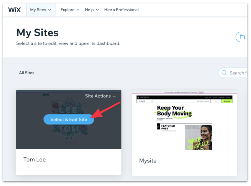 Select a Wix site to edit