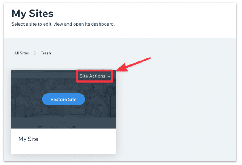 Select the Site Actions for the site in your trash