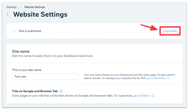 Hit the unpublish button to unpublish the site