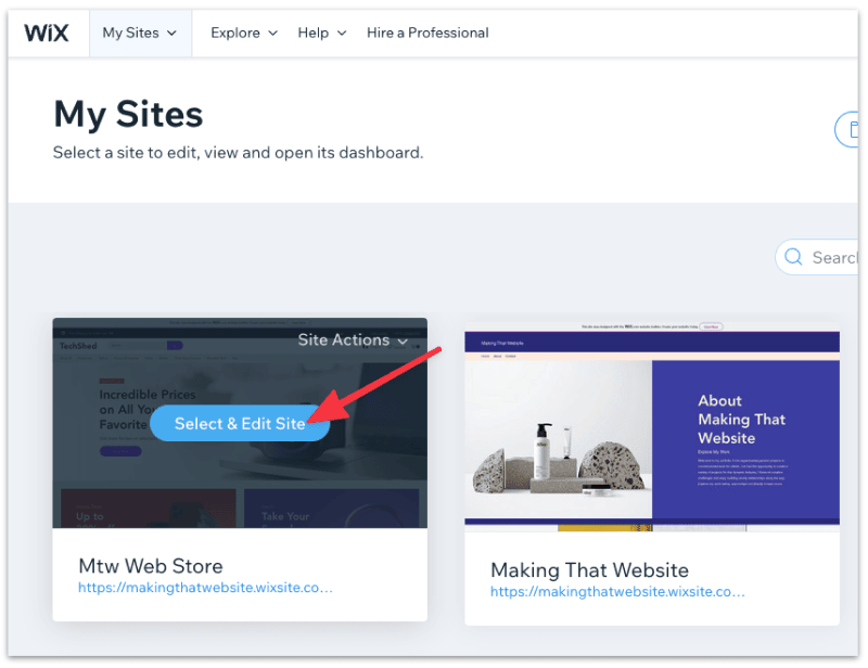 Select a Wix site to edit