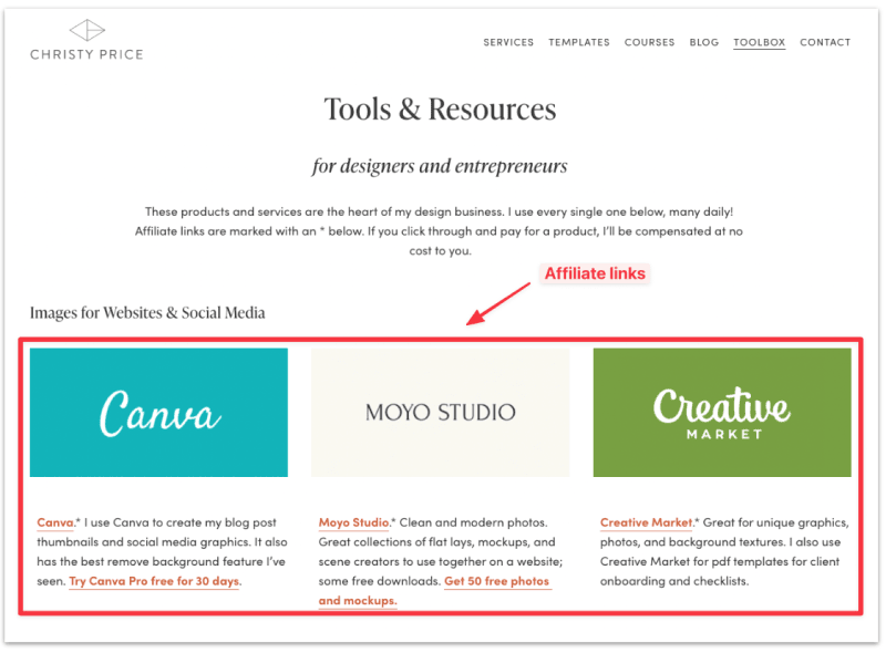Product affiliate links examples from Christy Price