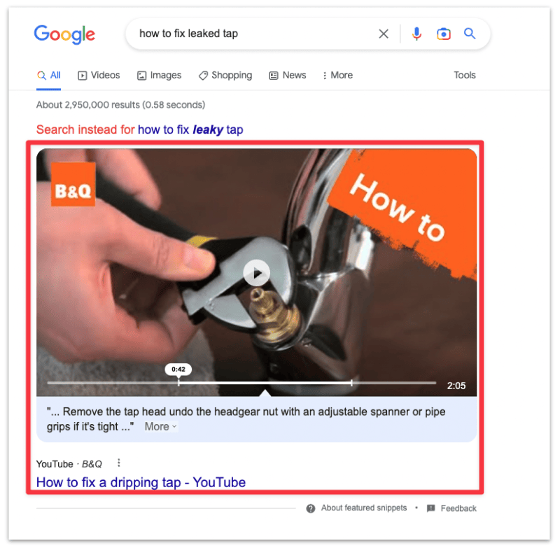Youtube video at the top of Google search results