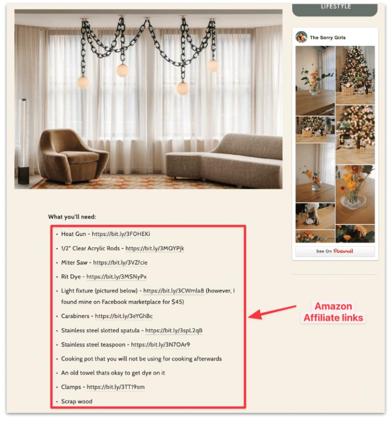 Amazon affiliate links example from The Sorry Girls