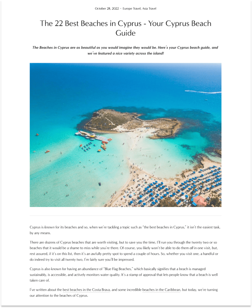 An article on Traveling Mitch with a gorgeous photograph of the Cyprus beach