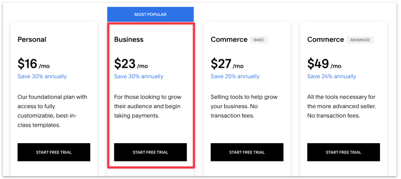 Squarespace business plan pricing