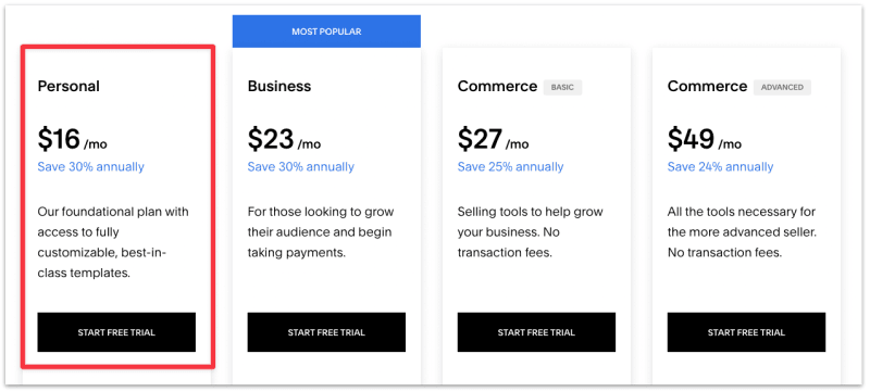 Squarespace personal plan pricing