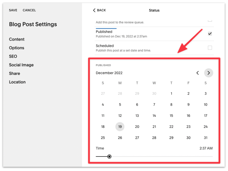 Select a date to update for your blog post