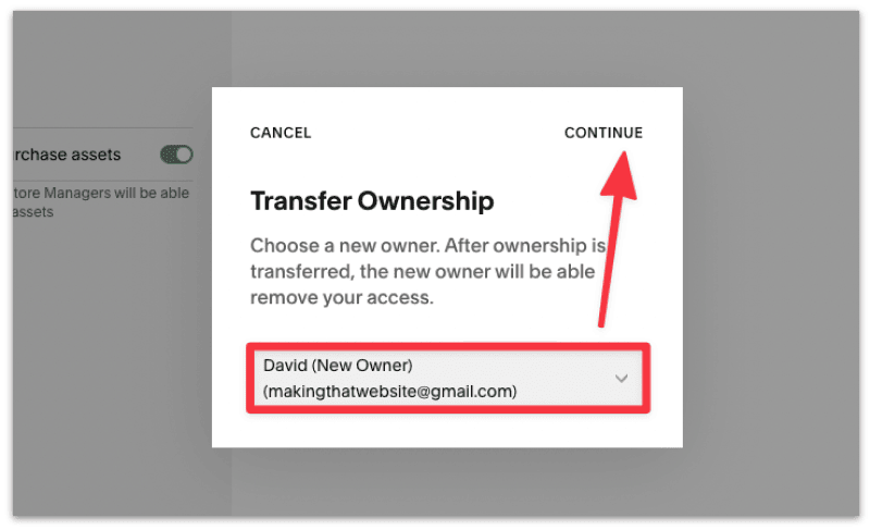 Select the new owner to transfer the site to