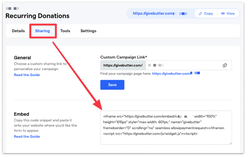 Copy the embed code for the donation form