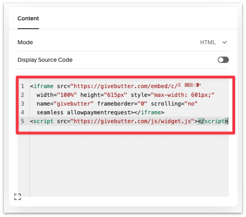 Paste the GiveButter embed code to the code editor