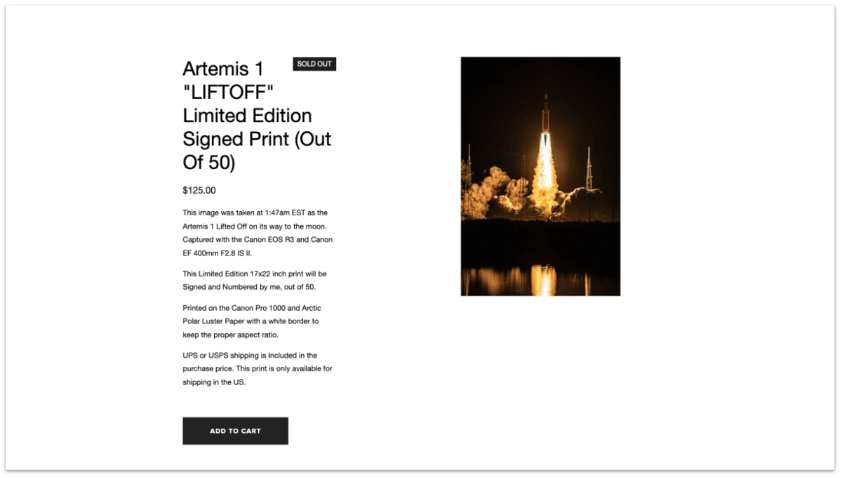 Jared Polin's limited print — Artemis 1 Liftoff
