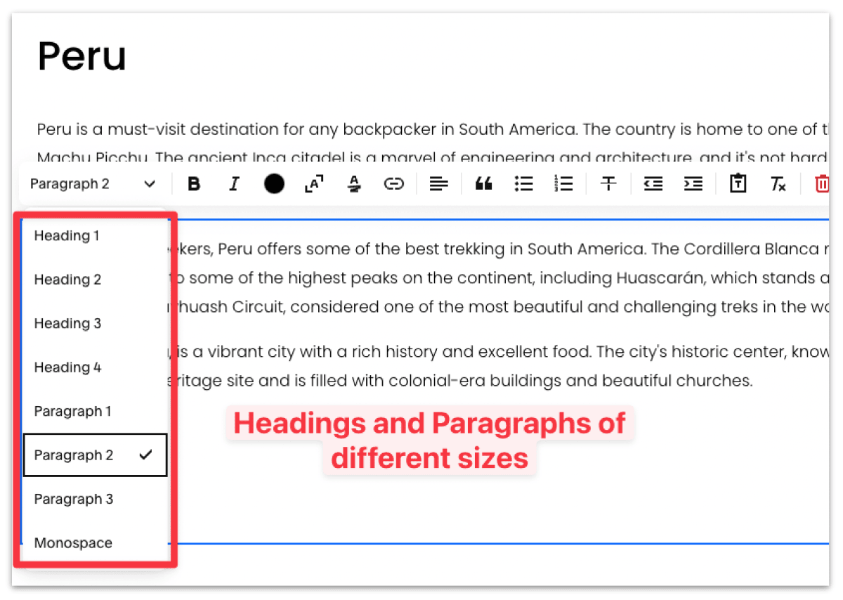 Squarspace has default headings and paragraph sizes that are customizable