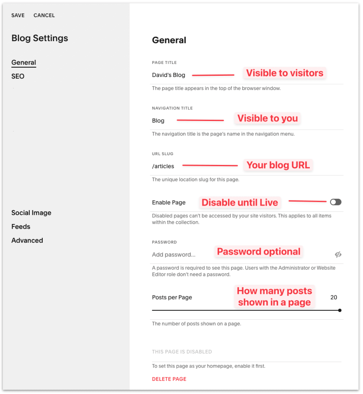 The general blog settings setup