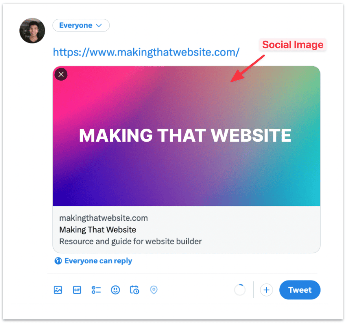 Preview of how social image will show on social media (Twitter)