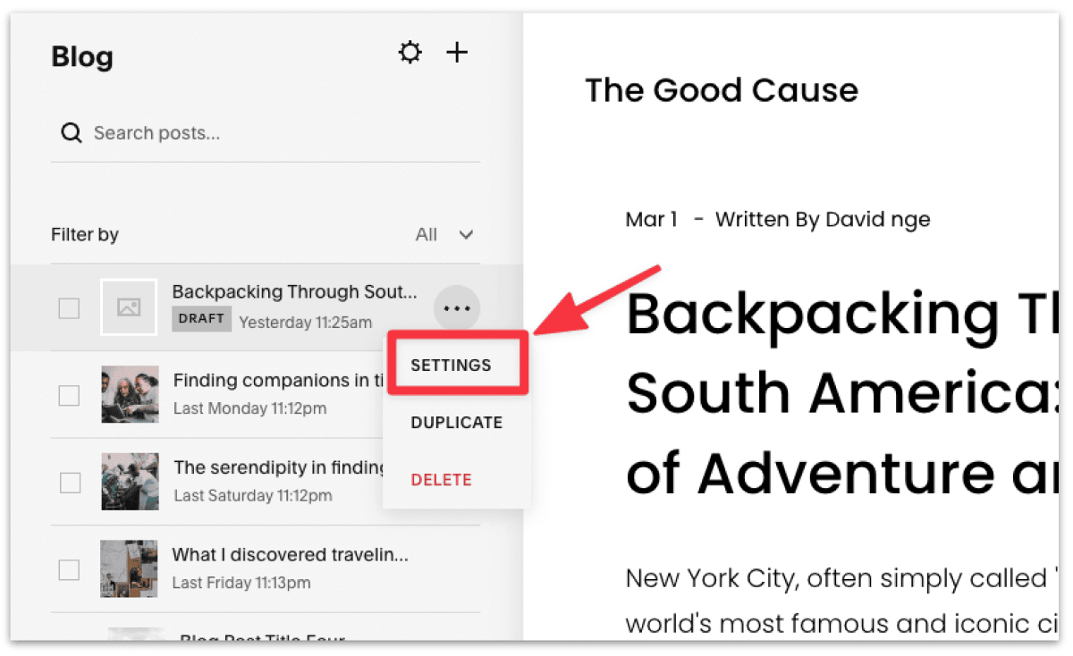 Click into individual blog post settings