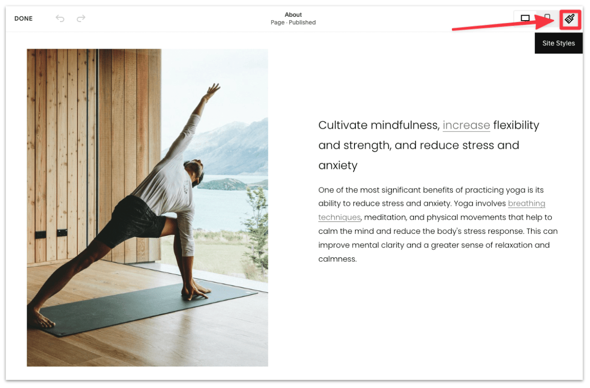 Select the paintbrush icon to head to site styles from the editor