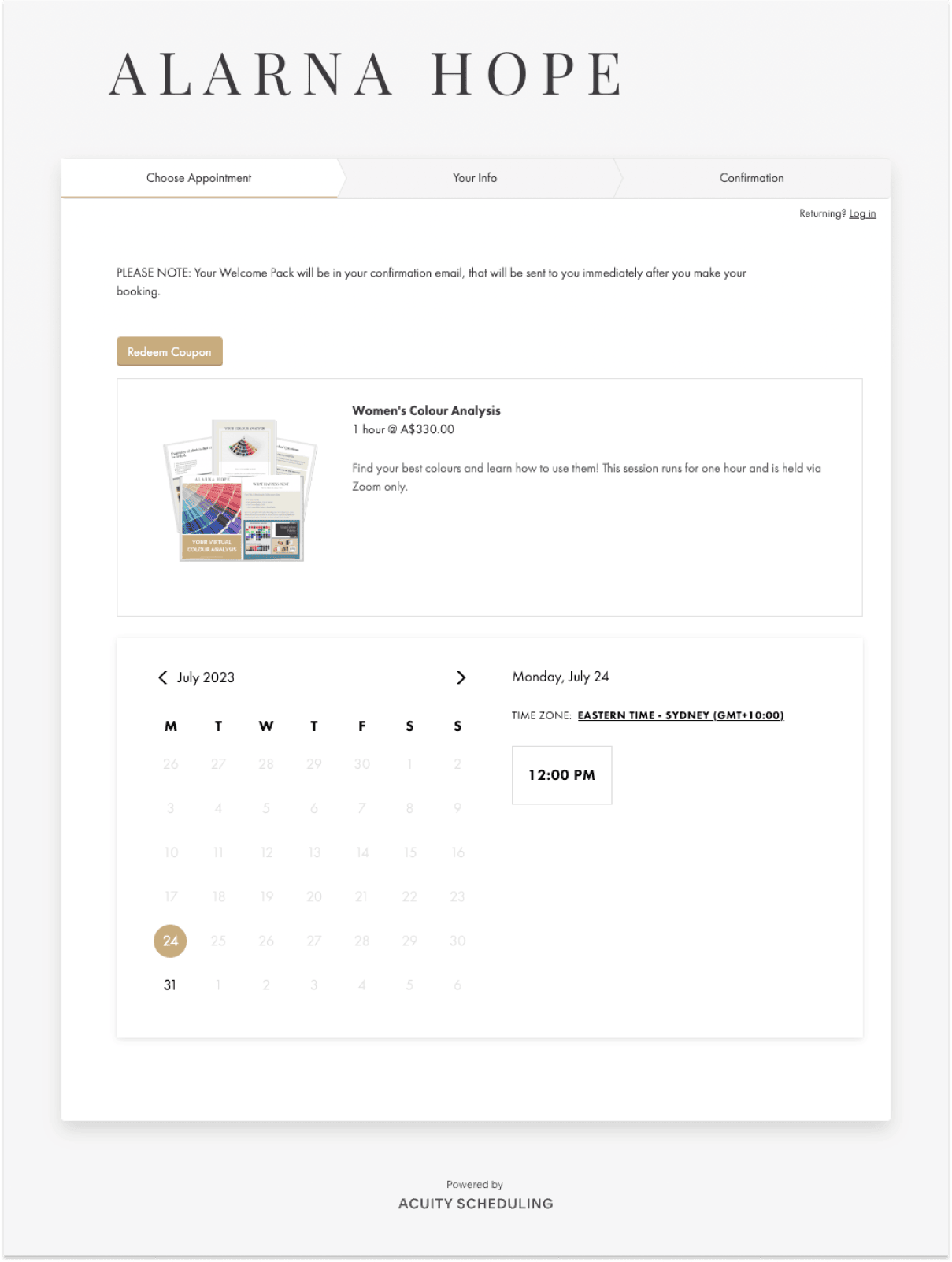 Alarna Hope's Colour analysis booking page