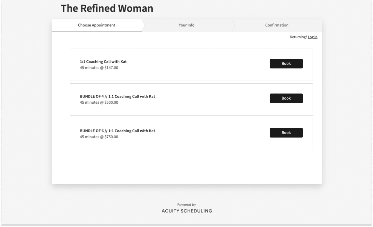 Kat Harris' coaching call booking pageAn example of Acuity Scheduling booking interface - from The Refined Woman