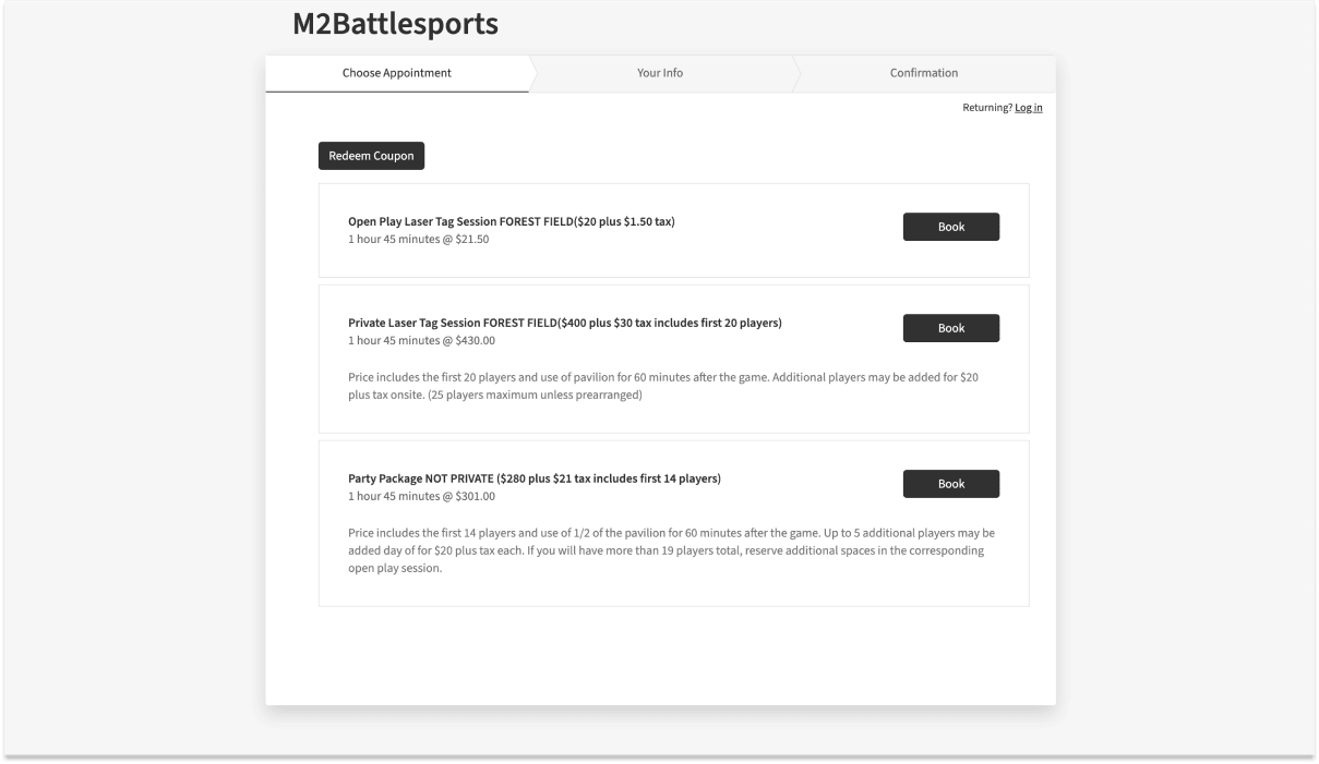 M2 BattleSports session booking page