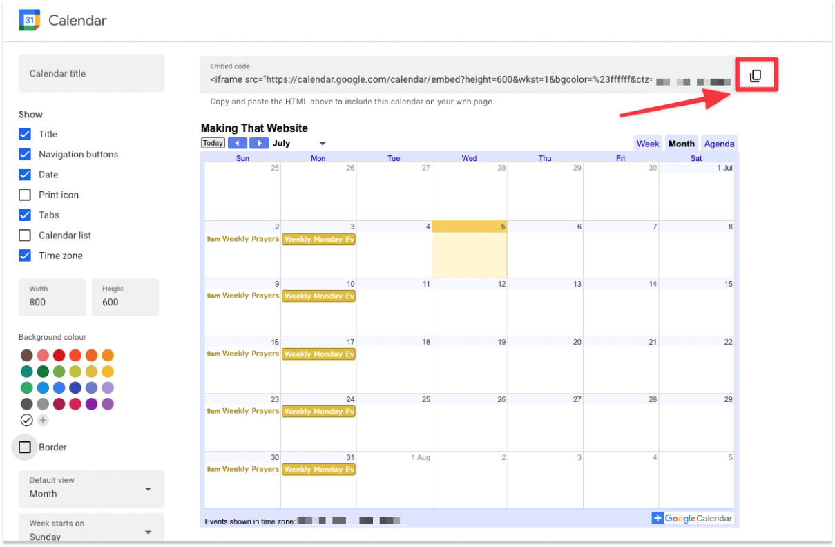Copy the Google Calendar embed code