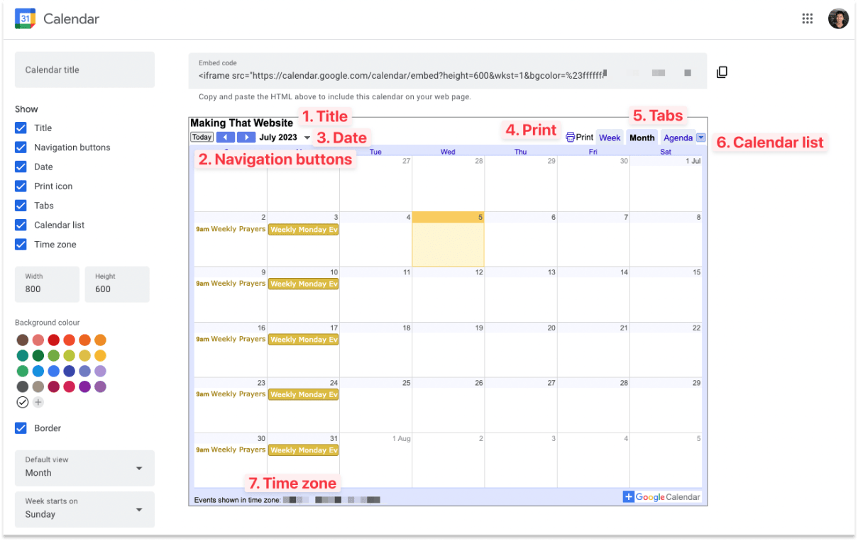 Google Calendar legends