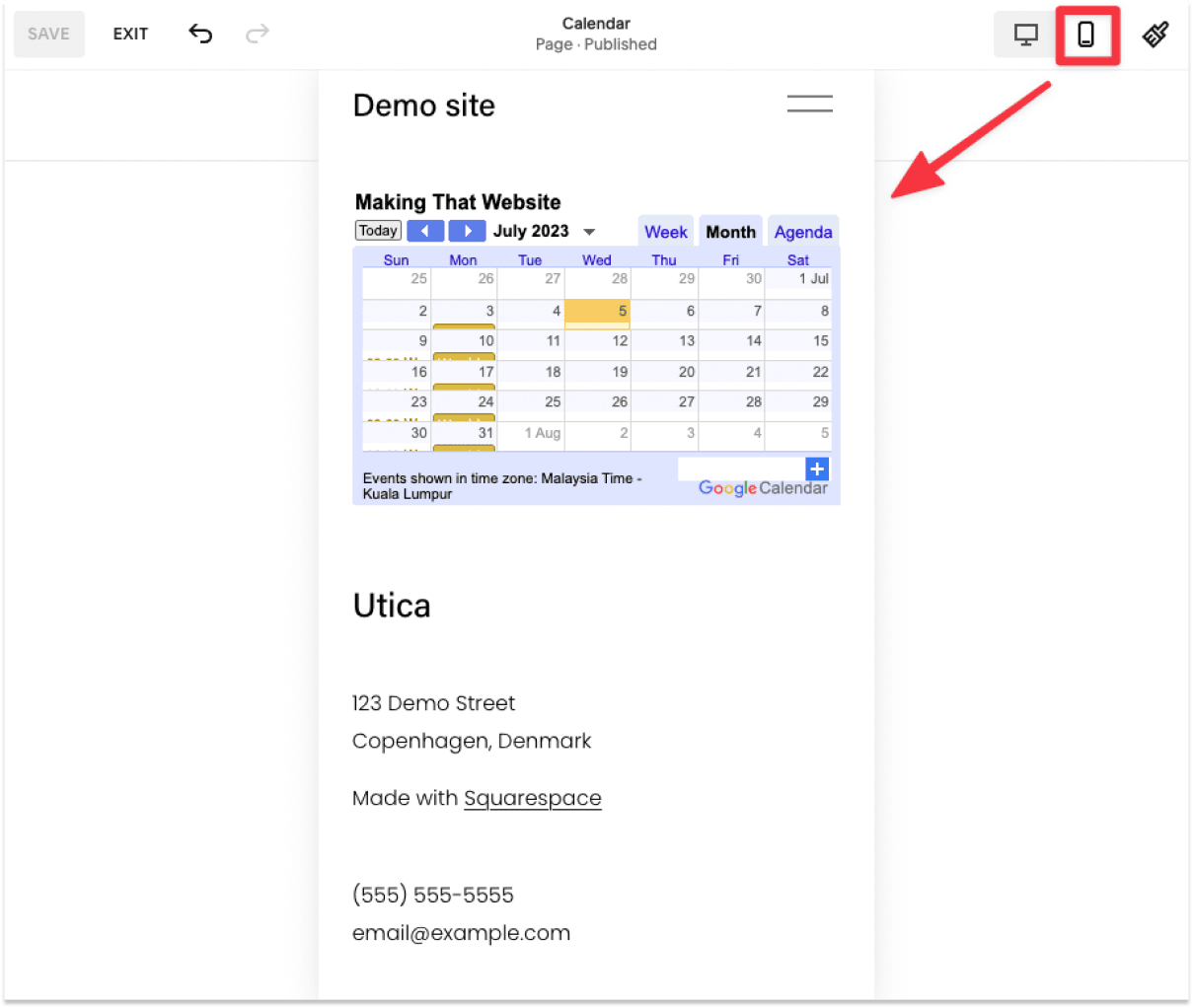 Preview the Google Calendar on Squarespace on mobile